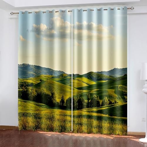 Aotiwe Cortinas largas para sala de estar, cortinas para dormitorio, lindas colinas verdes y blancas y pastizales de poliéster, 2 paneles de 84 x 72 pulgadas