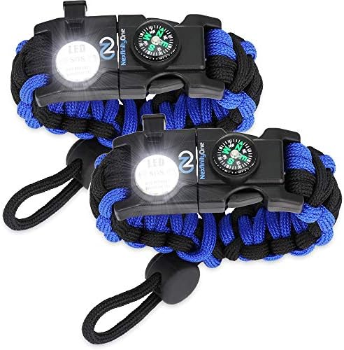 Survival Paracord Bracelet - Tactical Emergency Gear Kit with SOS LED Light, 550 Grade, Adjustable, Multitools, Fire Starter, Compass, and Whistle - Set of 2 (Blue)