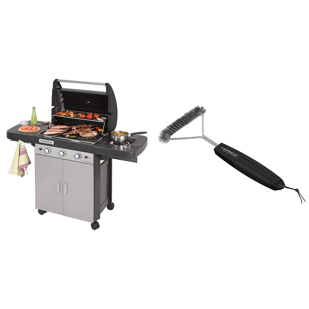 Campingaz 3 Series Classic L Plus Barbecue Grill a 3 Bruciatori con Fornello Laterale, Nero/Argento, 144 x 66 x 147 cm & 2000032369 Spazzola Pulizia Triangolare, Nero, 8x7x7 cm