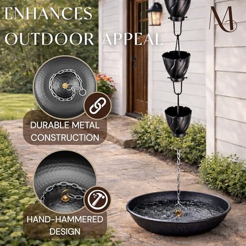 Monarch Rain Chains Rain Chain Basin – 15 Inch Hand Hammered Anchor Bowl for Gutters, Matte Black Decorative Anchoring Basin for Outside, Garden, Lawn & Patio Water Feature, Downspout Catcher Basins