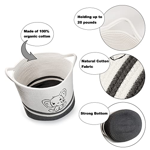 Rope Basket With Baby Elephant, Toy Storage, Nursery Storage, Blanket Storage, 14”X11”X12, White, Grey #TOP2