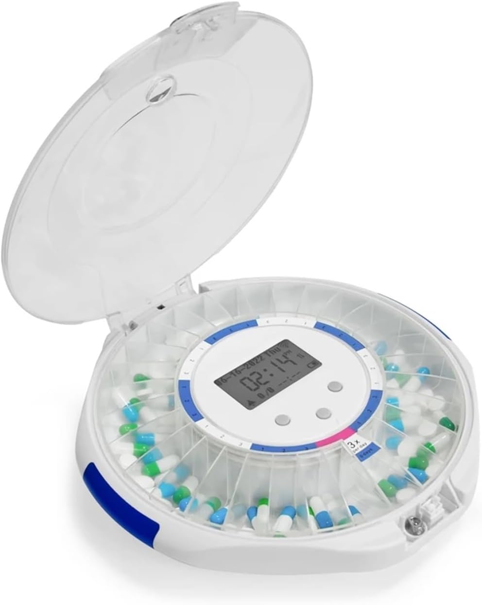 Generic M156A Automatic Smart Pill Dispenser with its transparent lid open, revealing the pill compartments.