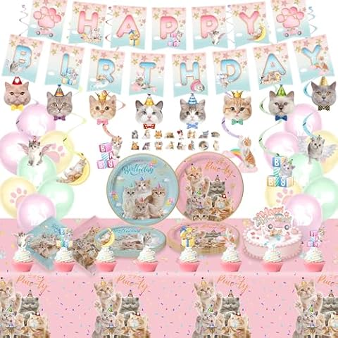 142 Pcs Cat Birthday Party Supplies Serves 20 Cat Party Decorations Kitten Birthday Party Decorations with Cat Plates Banners Cake Topper Napkins Tablecloth for Cat Themed Birthday Party Supplies Cover