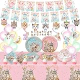 142 Pcs Cat Kitten Party Decorations - Serves 20, Includes Plates, Banners, Cake Topper, Napkins, Tablecloth for Cat Themed Birthday Party