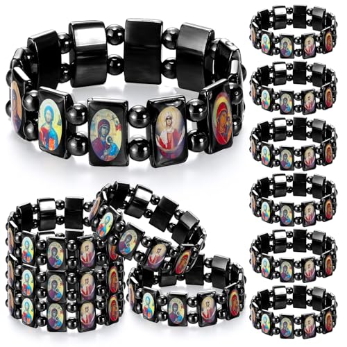 12 Pcs Christian Hematite Bracelet with Saints Catholic Orthodox Religious Elastic Bracelet with Holy Icons Prayer Gifts