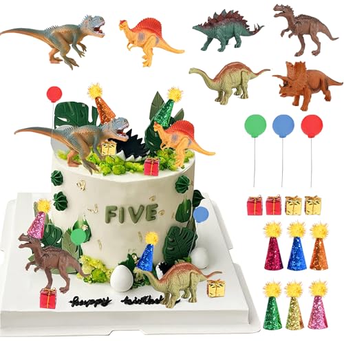 Dinosaur Cake Toppers with Mini Birthday Party Hat Color Balls Cake Decorations for Dinosaur Themed Baby Shower Birthday Party Supplies (Dinosaur)