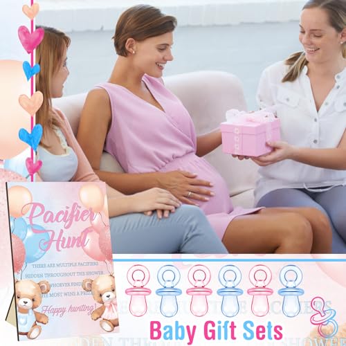 Image of Thyle 51 Pcs Bear Pacifier Hunt Baby Shower Games Include Hunt Sign and 50 Acrylic Pacifiers for Pink and Blue Baby Shower Game Decoration Sets Gender Reveal Newborn Announcement Party Decor