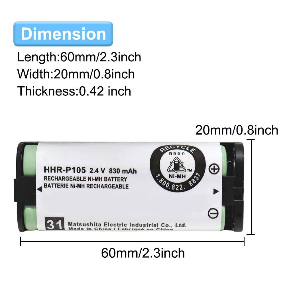 CUCESH 2 Pack HHR-P105 NI-MH Rechargeable Battery for Panasonic 2.4V 830mAh Phone Battery for Cordless Phones