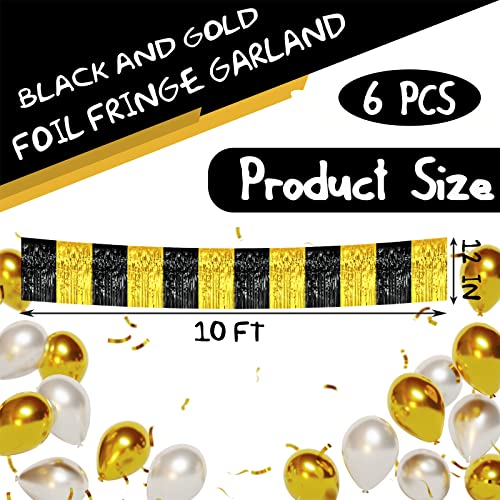 Image of 6 Pack 10 Feet Black Gold Foil Fringe Garland Metallic Tinsel Streamers Banner Wall Hanging Curtain Backdrop Banner for Parade Floats, Thanksgiving, Christmas, Birthday, Halloween Party Decorations