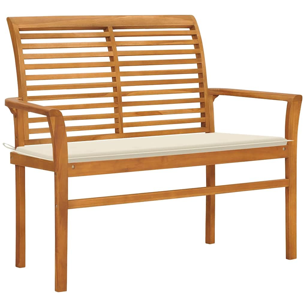Ławka ogrodowa z kremową poduszką 112 cm lite drewno tekowe