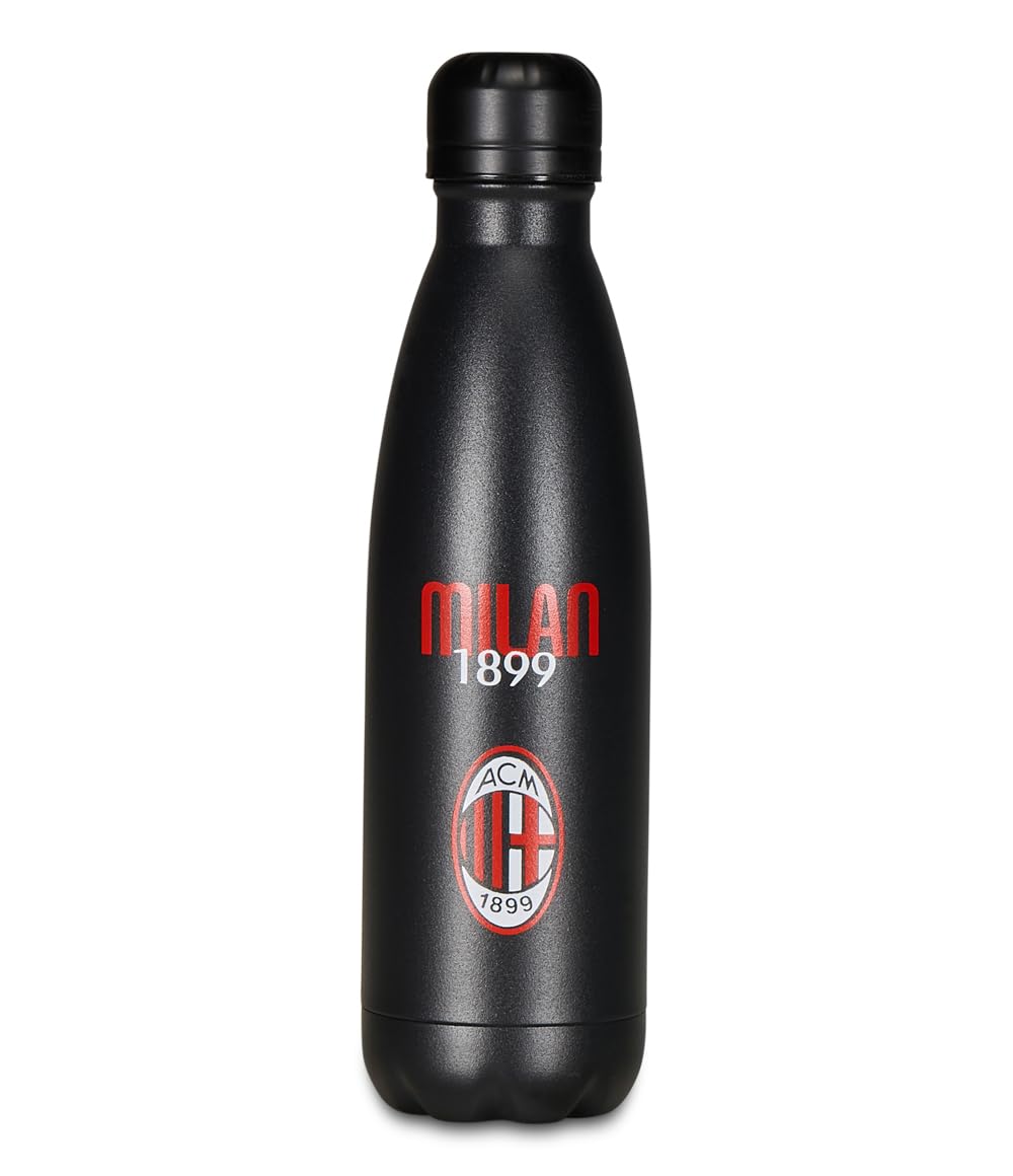 Seven A.C. Milan Football Bottle, Black Red, Insulated Stainless Steel Water Bottle, No BPA Indoor Outdoor, Temperature Maintenance Up to 24 Hours, Children's School Bottle - Thermal Bottle