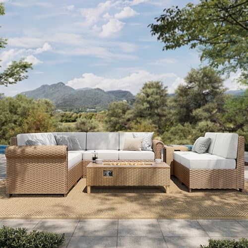 Image of HERA'S HOUSE Patio Furniture Set, All Weather 7 Seats Outdoor Sectional Wicker Sofa with Fire Pit Table, 5.5 inch Thick Waterproof Cushion 9 Piece Modular Conversation Set for Garden Deck Backyard