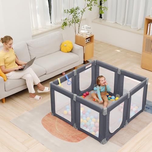 Image of Dripex Small Foldable Baby Playpen, 49 inchx47 inch Small Space Play Yard for Travel - Portable Collapsible Play Pen for Babies, Indoor Outdoor Baby Fence, Grey