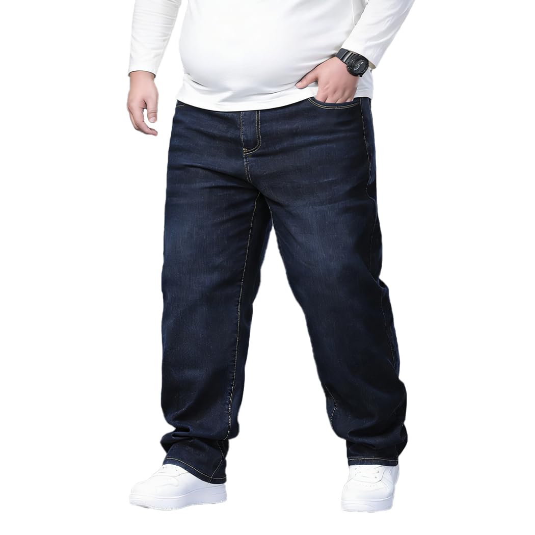 Herren Jeans Übergröße Denim Lange Jeanshose Loose Fit Straight Lässige Denim Hose Stonewashed NZK03