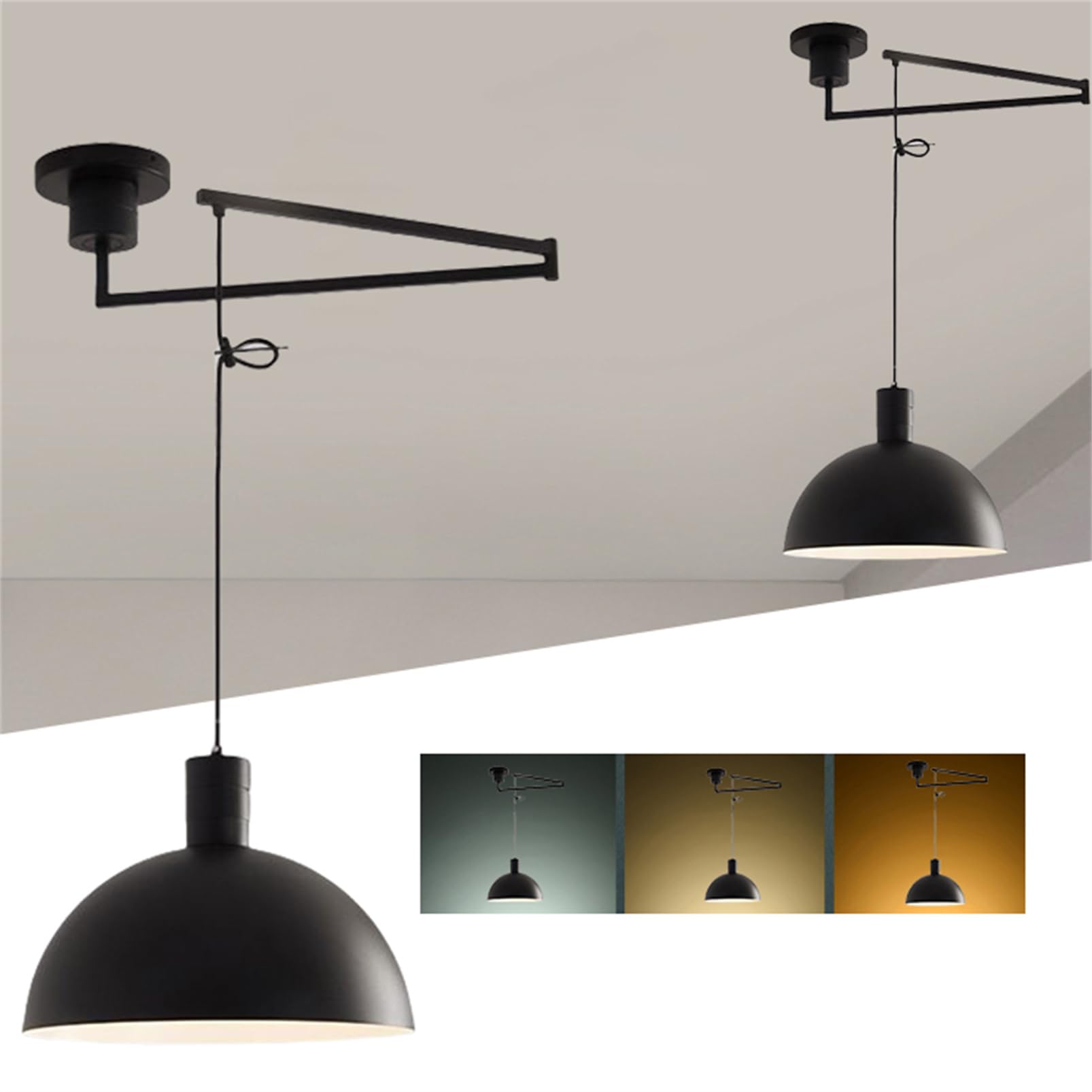 Lampadario a Braccio Oscillante a Sospensione Plafoniera con Braccio Regolabile Lampadario a Sospensione con Braccio Oscillante a 3 Colori Luce da Soffitto Industriale Lampadario a Cupola per Sala da