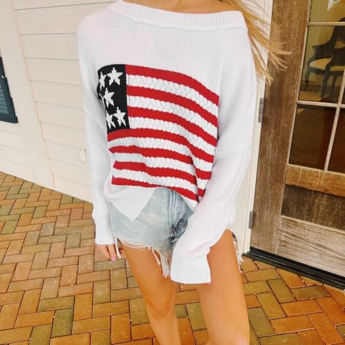 Image of Womens American Flag Sweater Long Sleeve Crew Neck Star Graphic Knit Pullover Tops Casual Loose USA Sweater