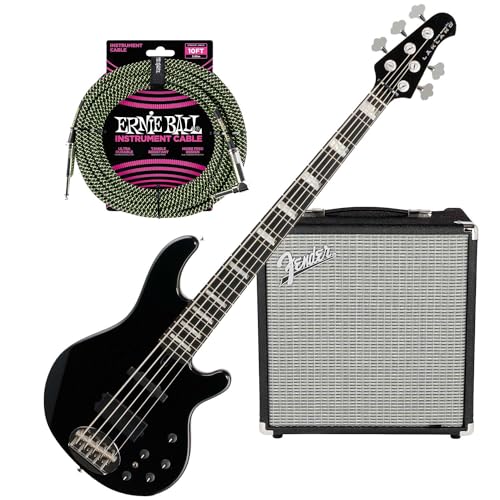 Lakland Skyline 55-02 Bass Guitar, Black Sparkle, Ebony Fingerboard, Fender Rumble 25, Ernie Ball P06077 Bundle