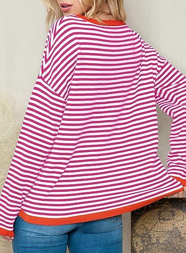 Image of Dokotoo Women's Long Sleeve Sweaters Casual Crewneck Fashion Fall Striped Color Block Shirts High Low Pullover Sweater Tops