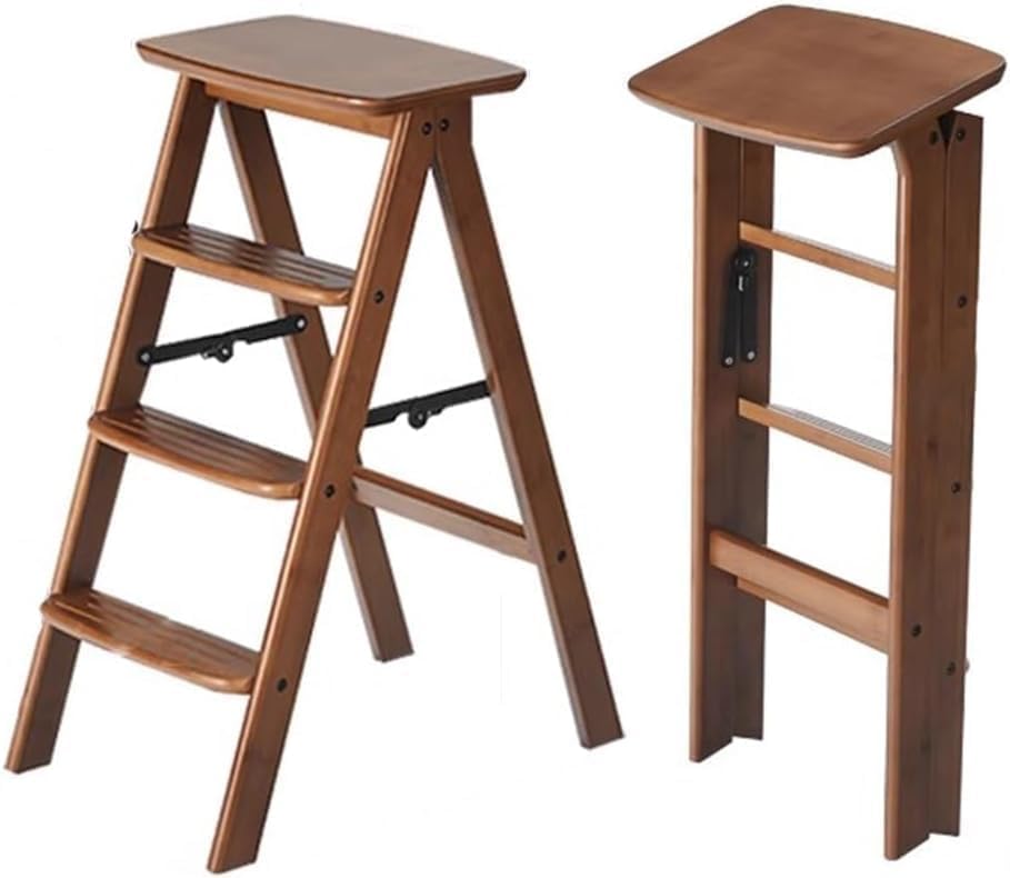 3 Step Ladder Folding Wooden Step Stool - 2-in-1 Portable Anti-Slip Foot Stool Display Storage Shelf for Home and Kitchen