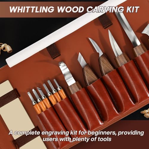 17 Pezzi Kit di Coltelli per Intaglio del Legno, Strumenti per Intaglio del Legno, con custodia, Sicurezza Guanti, Pietra Lucidante, Affilatura, Strumenti per Intaglio Legno per DIY Principianti - immagine 5
