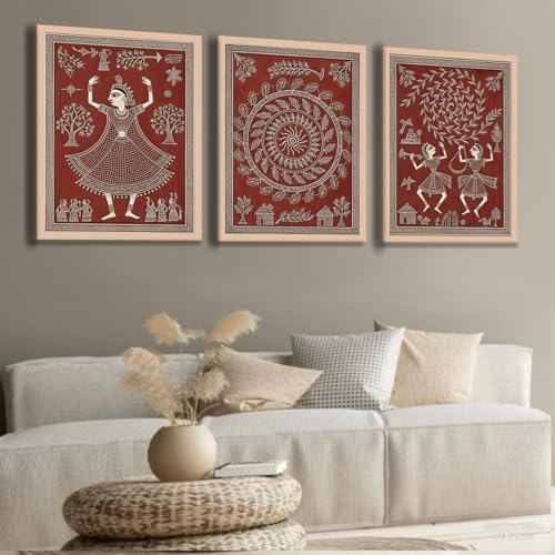 Image of ARAkri Warli Art Paintings, Red and Terracota color Wall Art set, Traditional Wall decor Ideas, Framed Art set of 3 (Art 4, 13 x17 inch)