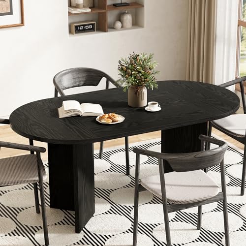 Image of LITTLE TREE 63 inch Rustic Oval Dining Table for 4-6, Sturdy MDF Farmhouse Kitchen Table with Metal Strip Base, for Living Room, Office, Restaurant, Multi-Use, Black