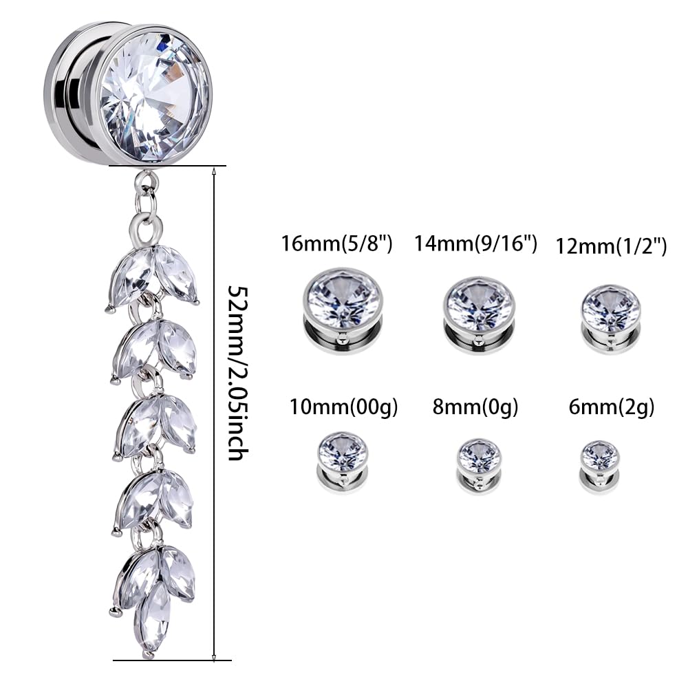 Vankula Dilatador de oreja con colgante, 1 par de dilatadores de plata con circonita blanca, de acero inoxidable, para hombres y mujeres, de 6 a 16 mm