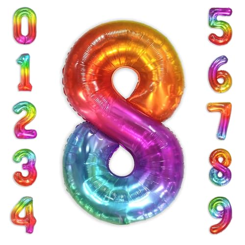 Image of SUWEN Rainbow Number 8 Balloon 40 Inch,Big Colorful Balloons 0-9 | Large Gradient Jelly 8th Helium Foil Mylar Number Multicolor Balloons for Birthday Anniversary Party Decorations
