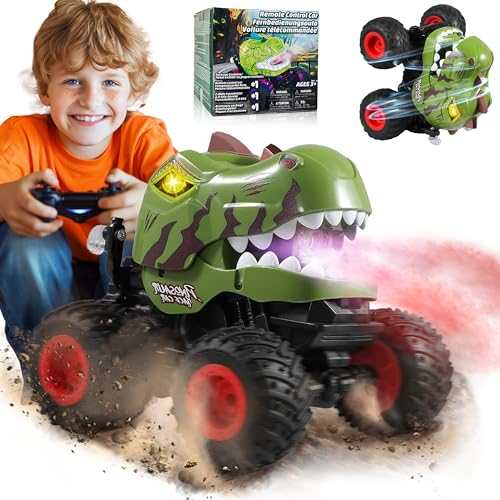 Image of BEZGAR Monster Truck Toys - Remote Control Monster Truck with Spray, Light, Music, Dinosaur Toys for Kids, 1:20 Scale RC Truck with 360 Spins and Drifting, Remote Control Car for Boys 4-7 Camo Green