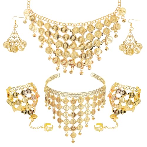 Accesorios para Danza del Vientre, Conjunto de Joyas Estilo Bollywood con Collar, Pulsera, Tocado y Pendientes para Mujer para Carnavales Fiestas