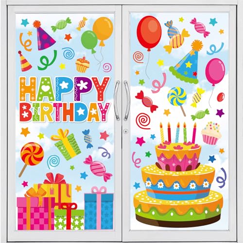 Whaline 6 Sheet Happy Birthday Window Clings Colorful Birthday Cake Balloon Present Reusable Window Decals for Home Decor Anniversary Party Supplies
