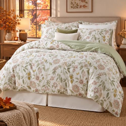 FADFAY Floral Duvet Cover Set Queen Premium 100% Cotton Light Green Comforter Cover Leaves Sunflower Printed Fall Botanical Bedding Reversible Lemon Butterfly Luxury Soft Crisp Zipper Bedding 3Pcs