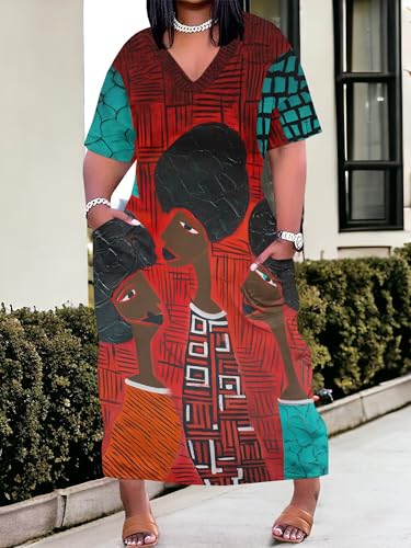 Image of Plus Size Maxi Dress for Women Short Sleeve V Neck Casual Loose Sundress with Pockets
