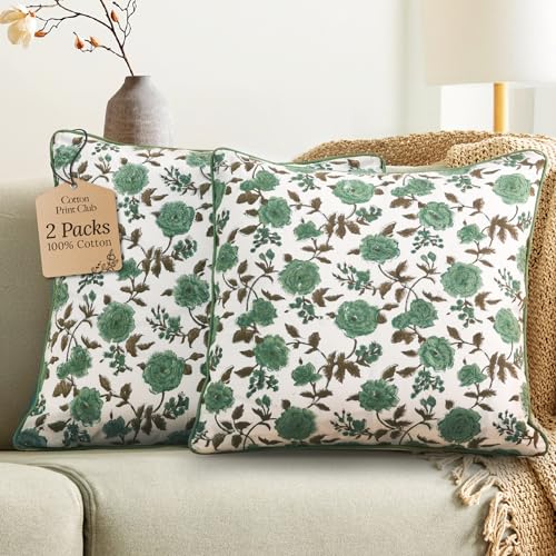 CPC 100% Cotton Throw Pillow Covers 18x18 Inch, Set of 2 Green Block Print Pattern Couch Pillow, Cute Boho Decorative Pillows for Living Room, Bedroom with Hidden Zipper- Moss Green