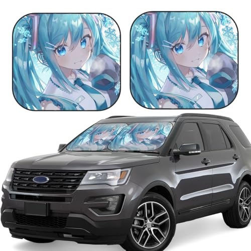 車用サンシェード 初音ミク フロントサンシェード カーサンシェード フロントガラス用 遮光 遮熱 日焼け防止 2枚セット おしゃれ 人気 折り畳み式 取り付け簡単 収納ポーチ付き カー用品