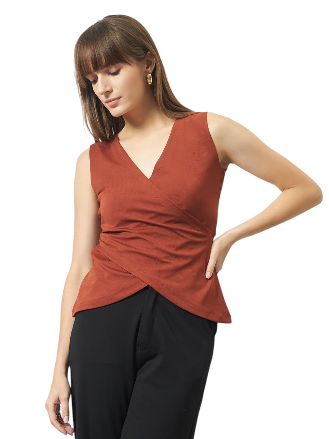 trend arrest.ed Women Wrap Style Sleeveless Top with V-Neck & Asymmetric Hem | Fitted Cross Front Top for Casual & Workwear-picture-11