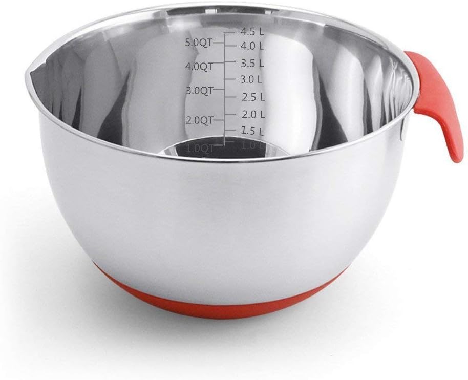 Mixing Bowls 304 Stainless Steel Non-Slip Mixing Bowls With Measurements and Silicone Handles,5QT/4.5L