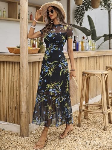 Image of GothDark Women's Summer Floral Mesh Ruffle Dress Short Sleeve Round Neck Waist Cinched Casual Maxi Wedding Guest Dresses