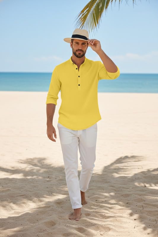 Image of Men's Cotton Blend Short Kurta with Collared Neck Full Sleeves Solid Pattern Western Style Regular Fit and Standard Length