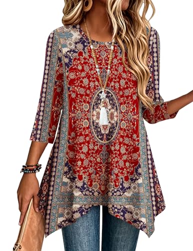 Image of Zeagoo Womens Tops 3 /4 Sleeve Loose Fit Dressy Tunics Plus Size Boho Shirts