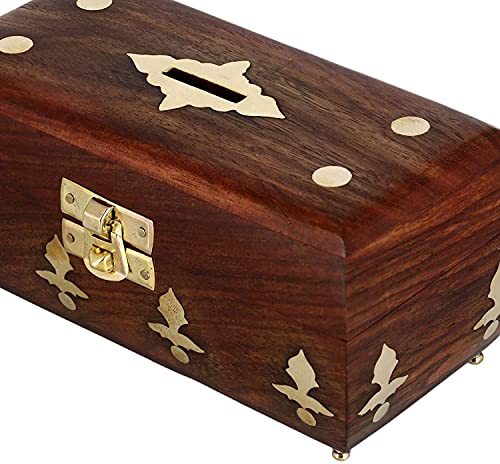 Image of ITOS365 Handcrafted Wooden Money Box for Kids with Metal Latch Closure Carved Design Piggy Bank Coin Saving Box for Children