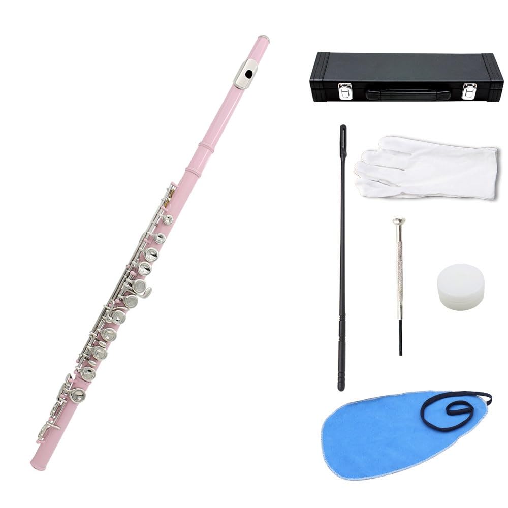 Flauta rosa de 16 orificios en C, cuerpo de tubo de cobre blanco, orificio de sonido técnico de dibujo en frío, multicolor opcional, adecuado for principiantes, caja de almacenamiento de cuero y juego