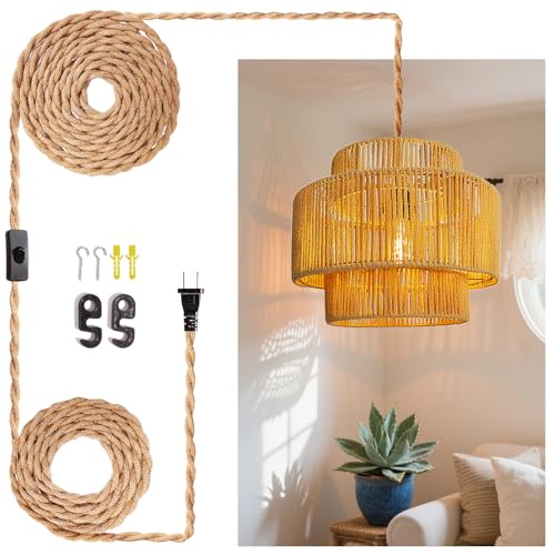 LUCORUSC Hanging Light Ceiling Lamp Pendant Lights Rattan Hanging Lamp with Plug in Cord for Living Room Bedroom Kitchen Indoor Hanging Lamp Plug in Woven Lampshade