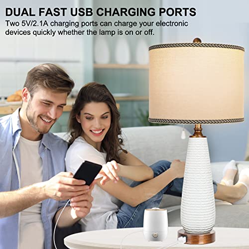 Table Lamps For Living Room Set Of 2, Modern 27.5" Tall White Ceramic Bedrooms Lamp For Bedside, Farmhouse Pull Chain Switch Nightstand Lamp With 2 Usb Ports For End Table, Led Bulbs Included #TOP3