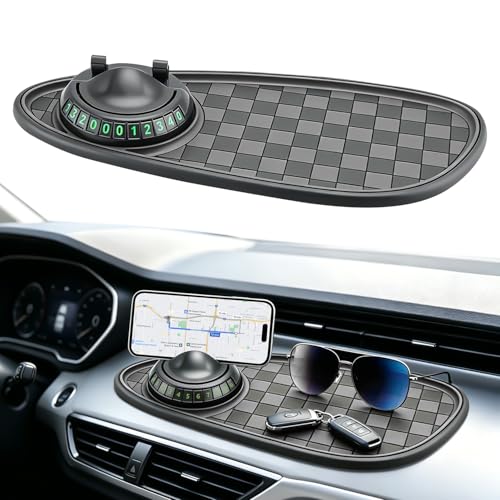 Multifunctional Car Anti-Slip Mat With360 Rotating Adjustable Phone Holder and Temporary Parking License Plate Holder; Can Store Mobile Phones Keys Sunglasses and Other Items (Black and Gray)