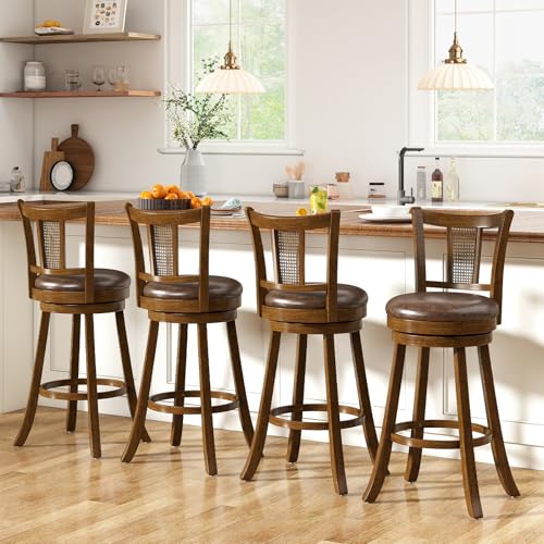 Butacos Giantex de 30 pulgadas, juego de 2 butacos giratorios para barra con respaldos de ratán PE, reposapiés y estructura de madera de caucho, tapizados en leathaire, estilo rústico para isla de cocina, comedor o pub, color marrón miniatura 2