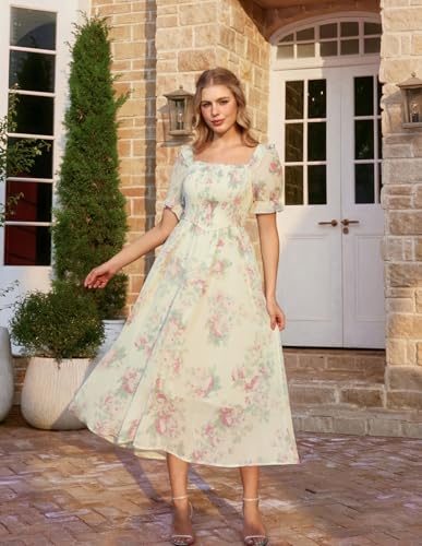 Image of Scarlet Darkness Floral Dress for Women Summer Puff Sleeve Square Neck A Line Flowy Wedding Guest Tea Party Dresses