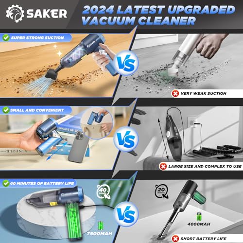 Image of Saker Portable Car Vacuum Cleaner Cordless High Power 17000PA 3 in 1 Foldable Handheld Vacuum Cordless with Brushless Motor for Inflation,Dust Blowing,Home Car Cleaning HL132 Blue