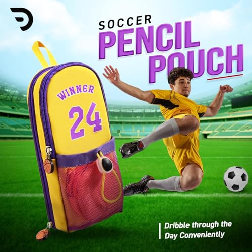 Image of DEOXY Polyester Large Capacity Pencil Pouch with 3 Zippers & 5 Compartments - Waterproof Standing Pencil Case with Metal Zipper + Football Charm & Coin Pouch (Idol), Yellow