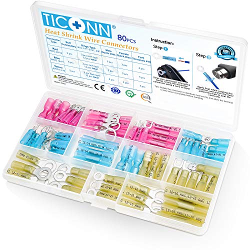 TICONN 80Pcs Heat Shrink Wire Connectors, Waterproof Automotive Marine Electrical Terminals Kit, Crimp Connector Assortment, Ring Fork Spade Butt Splices